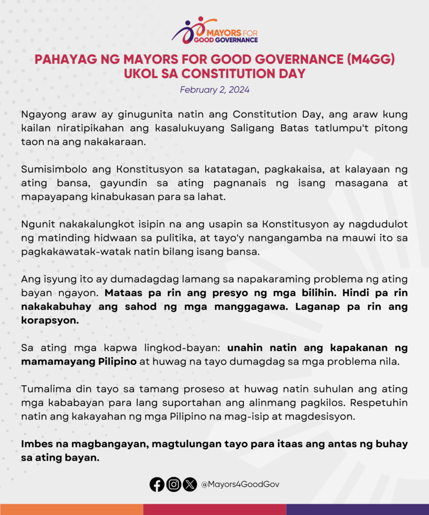 Pahayag ng Mayors for Good Governance (M4GG) ukol sa Constitution Day